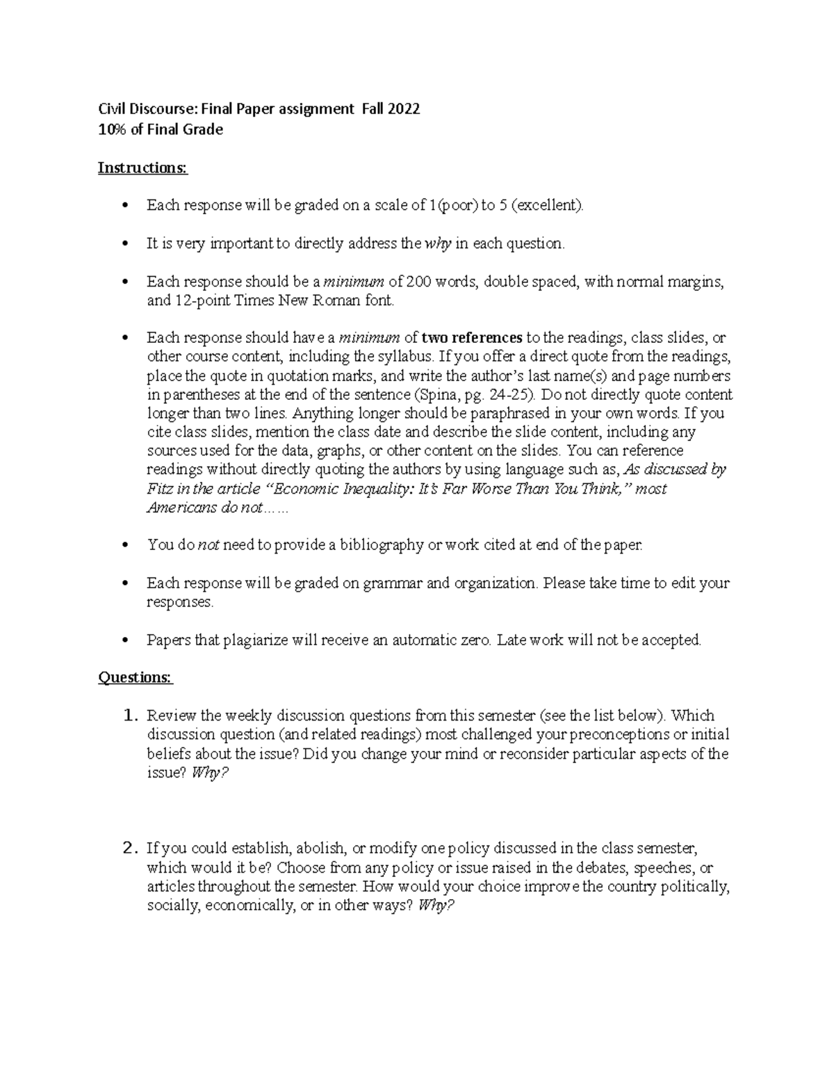 Civil Discourse- Final Paper Rubric - Civil Discourse: Final Paper ...