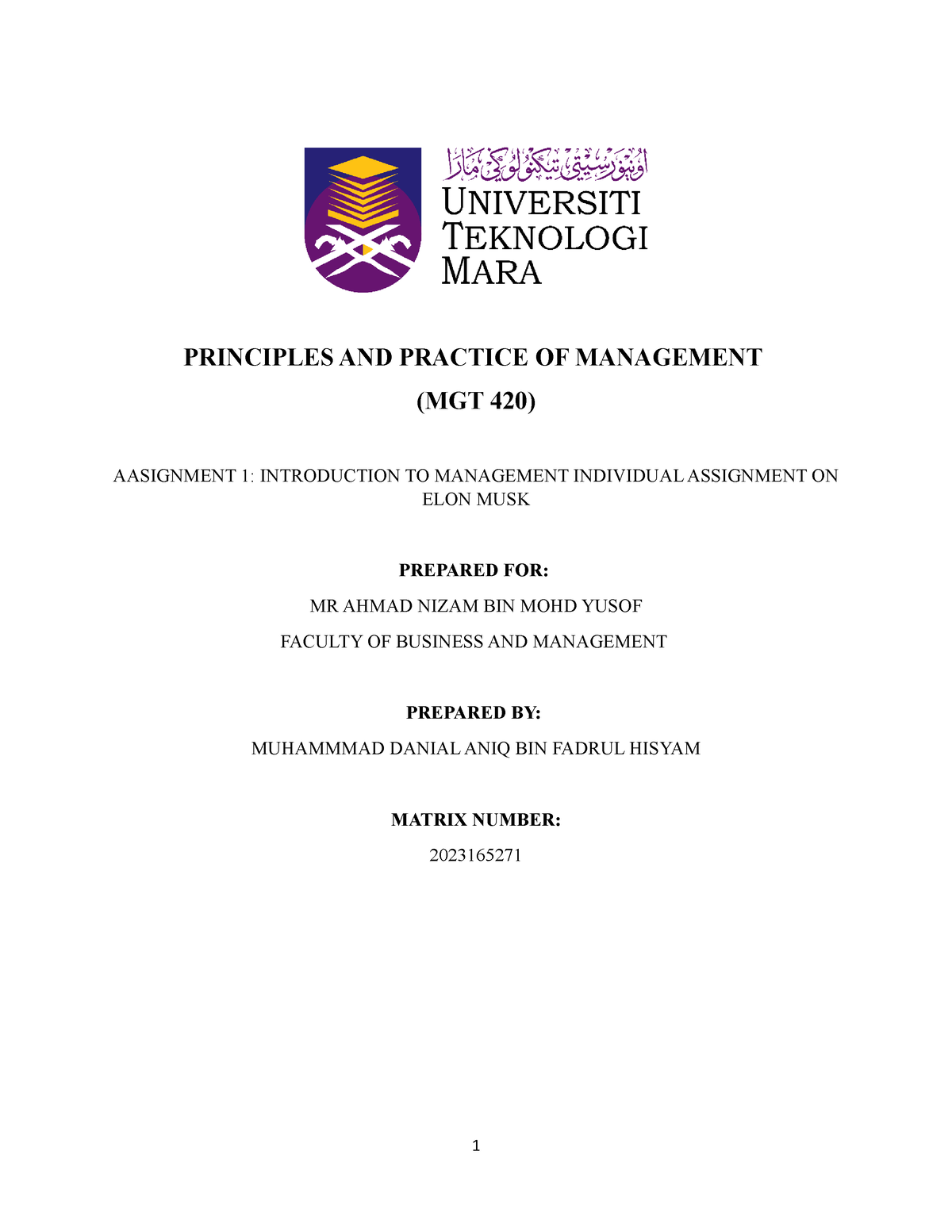 Assignment 1 MGT420 - Good - PRINCIPLES AND PRACTICE OF MANAGEMENT (MGT ...