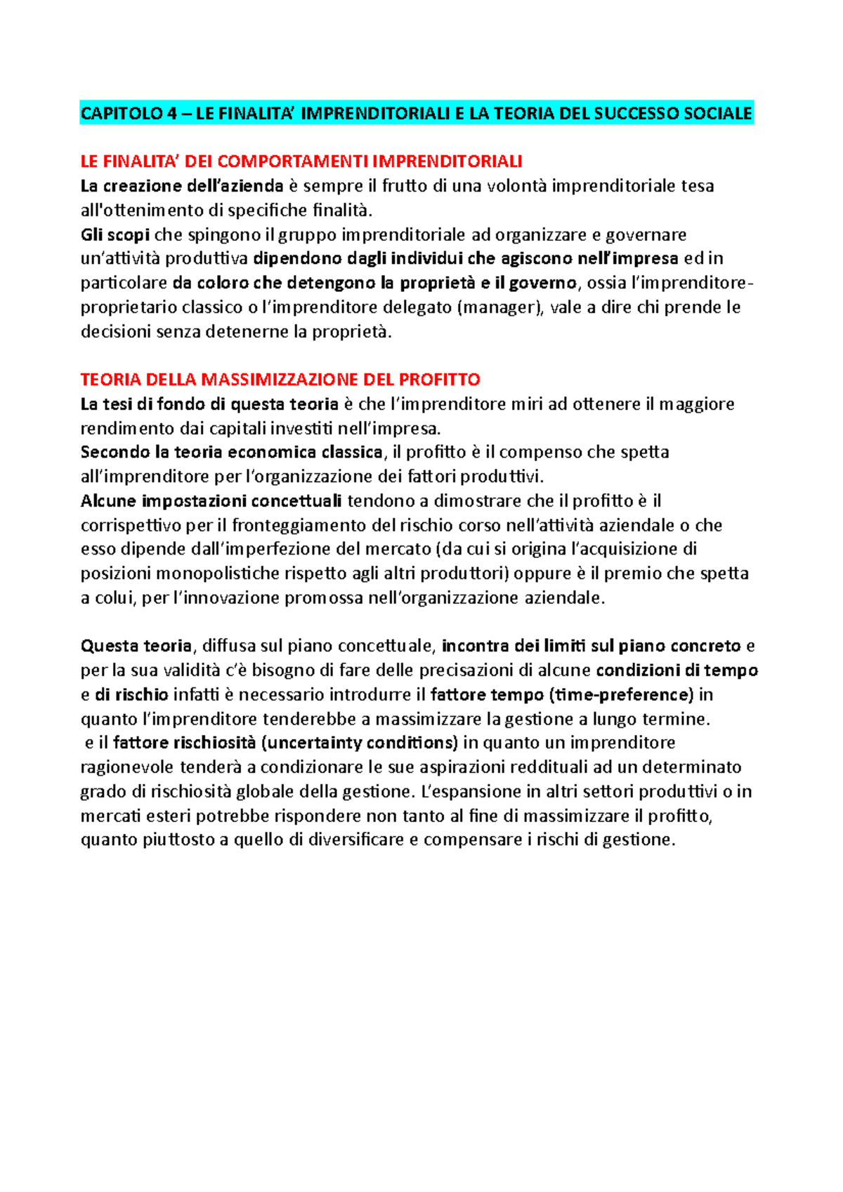 Capitolo 4 – Le finalità imprenditoriali, la teoria del successo ...