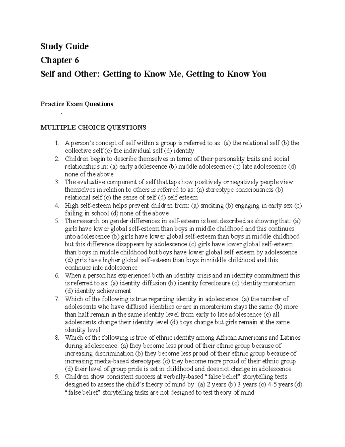 SOP3015 Chapter 6 - Study Guide Chapter 6 Self and Other: Getting to ...