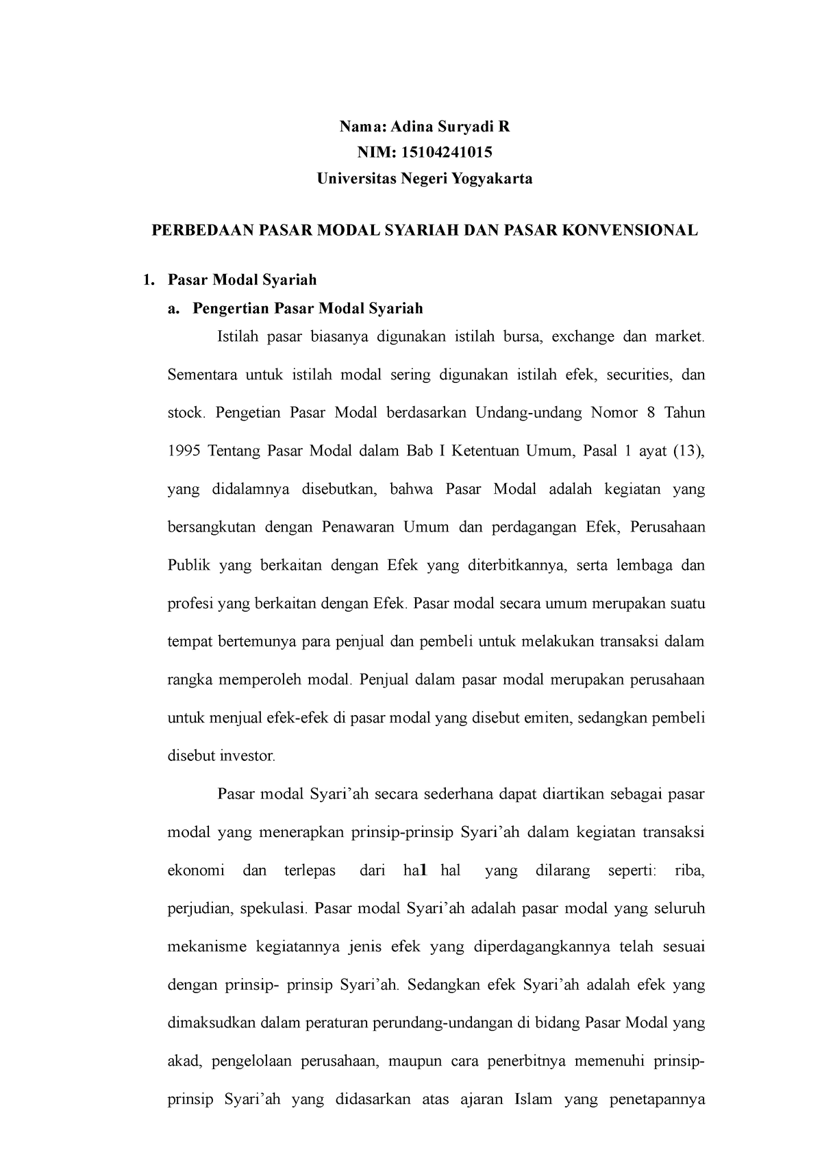 Perbedaan Pasar Modal Syariah Dan Pasar Konvensional - Nama: Adina ...