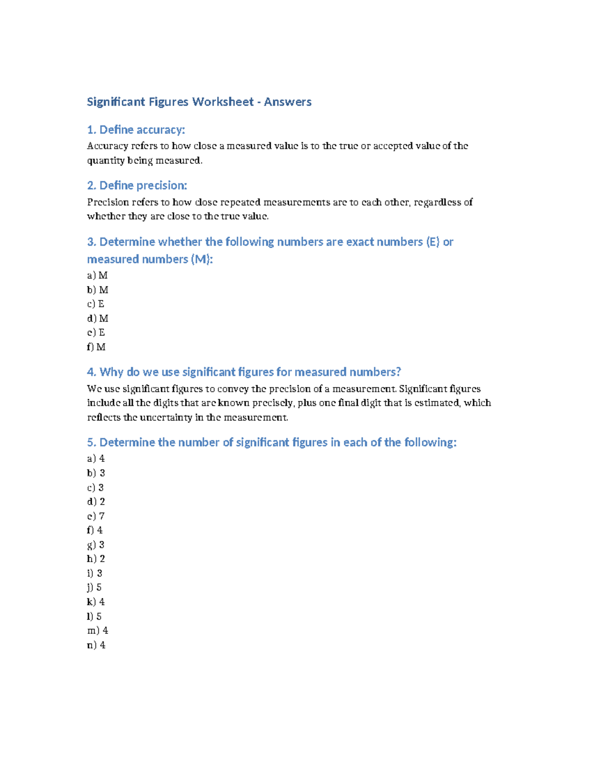 Significant Figures Worksheet Answers Significant Figures Worksheet