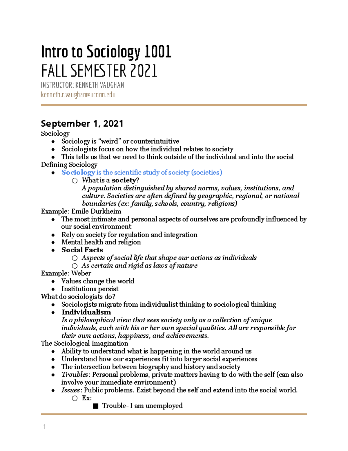 SOCI 1001 Notes - Exam 1 - SOCI 1001 Kenneth Vaughan Taken Fall 2021 ...