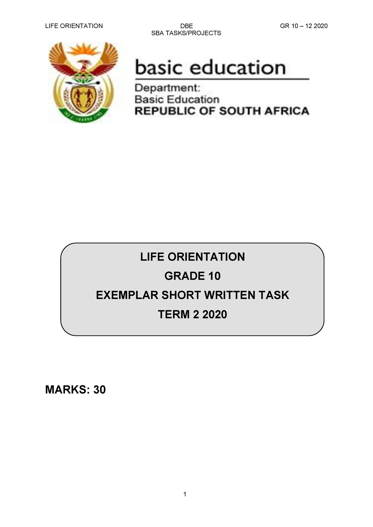 Gr 10 LO 22 Life Orientation Grade 10 Assignment Document SBA TASKS 