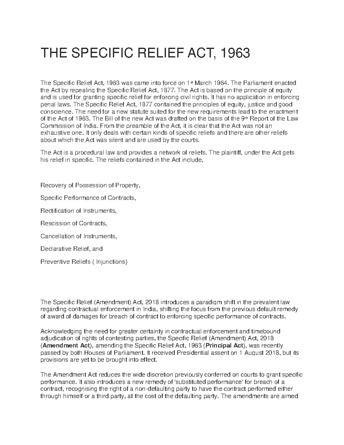 THE Specific Relief ACT THE SPECIFIC RELIEF ACT, 1963 The Specific