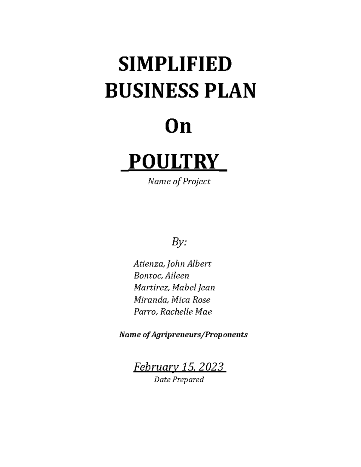 Simple Business Plan Broiler Production Group SIMPLIFIED BUSINESS