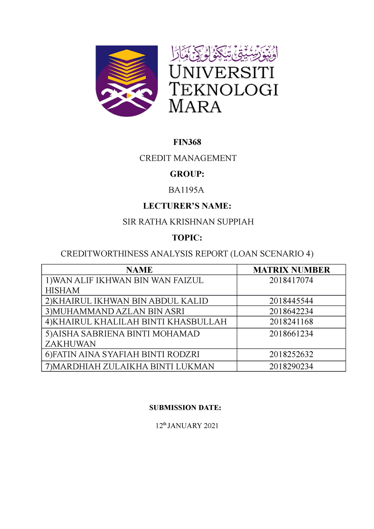 Creditworthiness Analysis Report Group 4 Scenario 4 Fin Credit Management Group Ba1195a Studocu