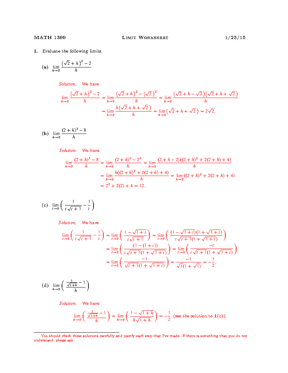 Limit Worksheetsol Shawn Burkett - MATH 1300 Limit Worksheet 1/23 ...