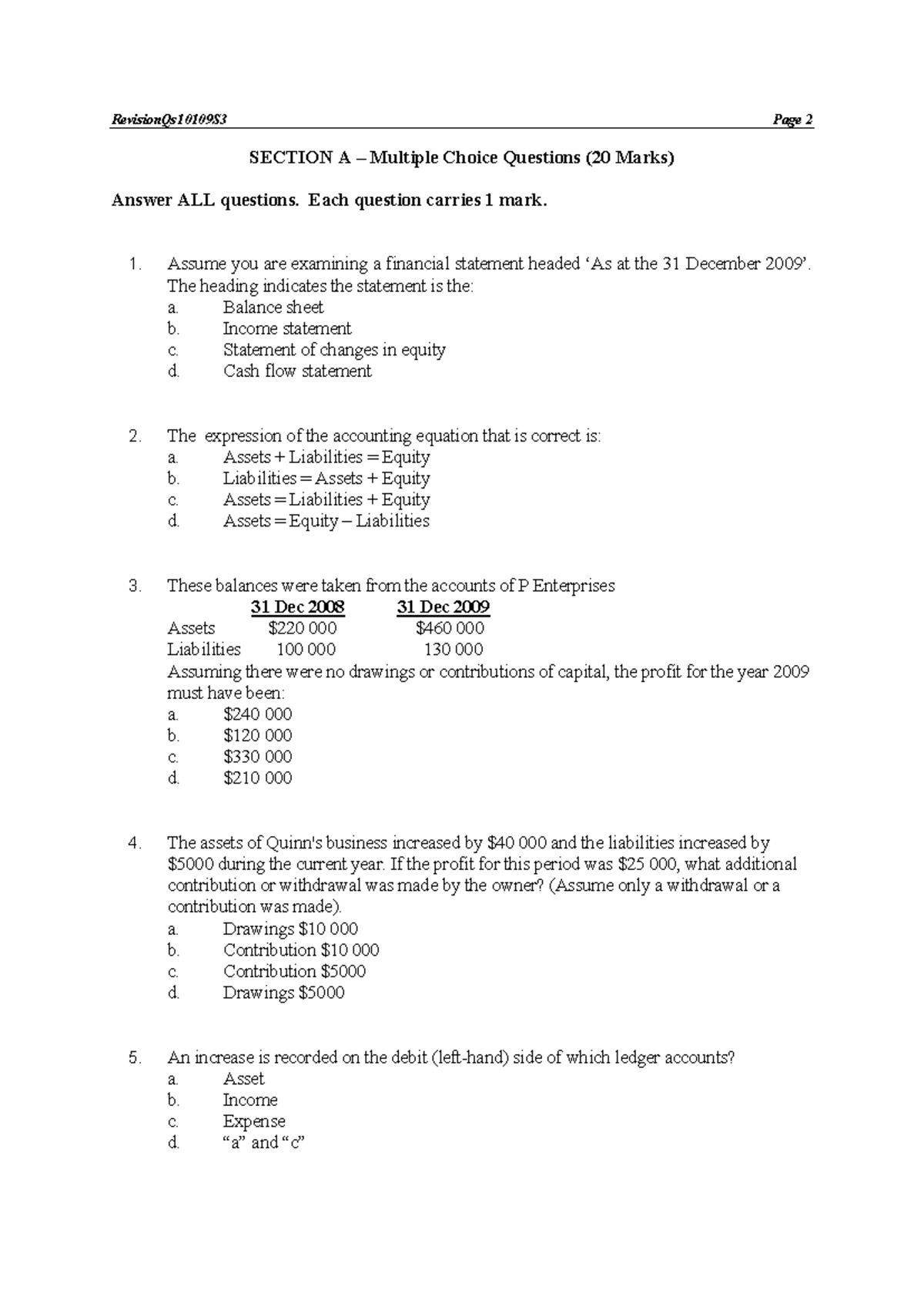 financial accounting quiz - SECTION A – Multiple Choice Questions (20 Marks) Answer ALL ...