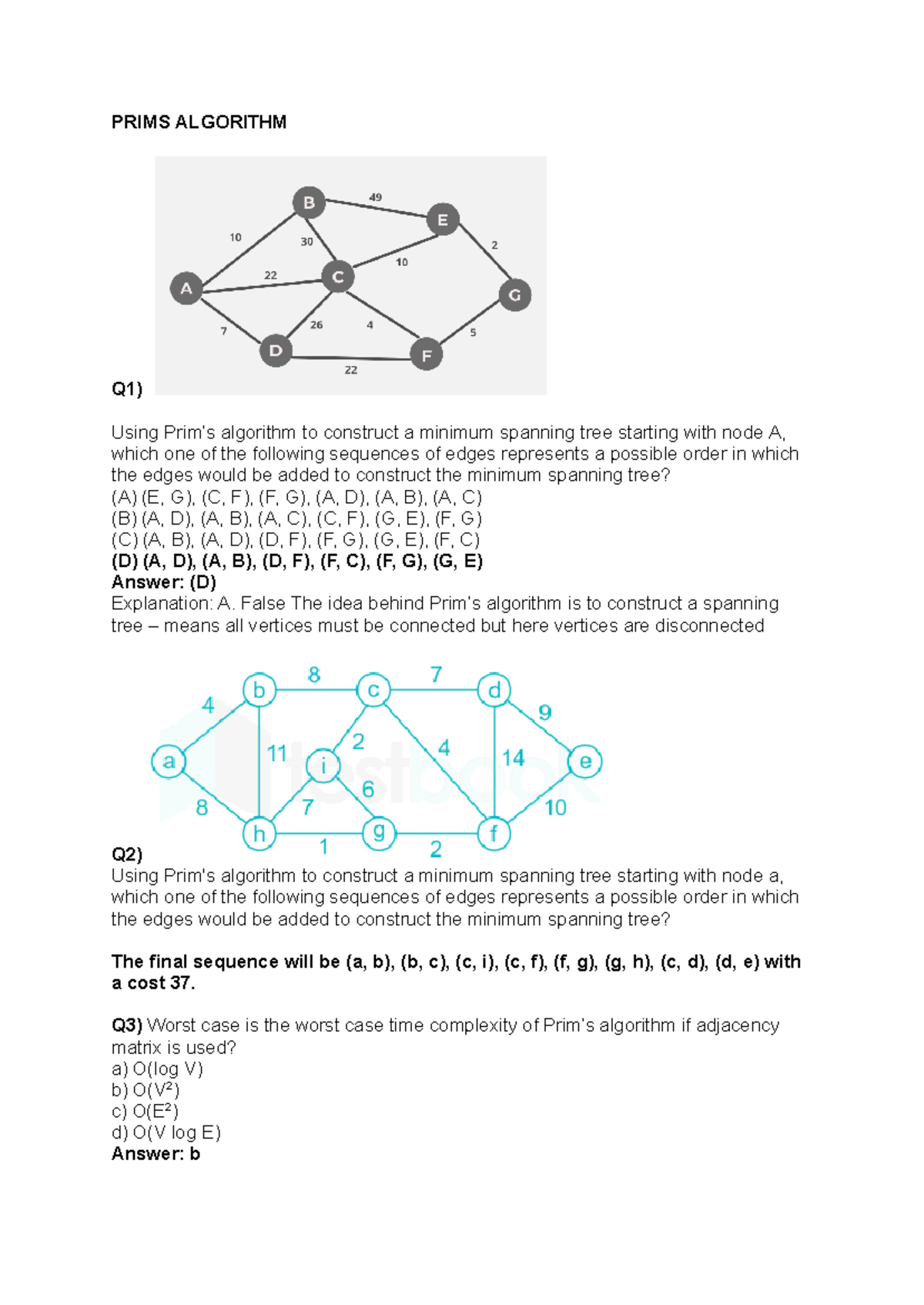 DSA GATE QUESTIONS - PRIMS ALGORITHM Q1) Using Prim’s algorithm to ...