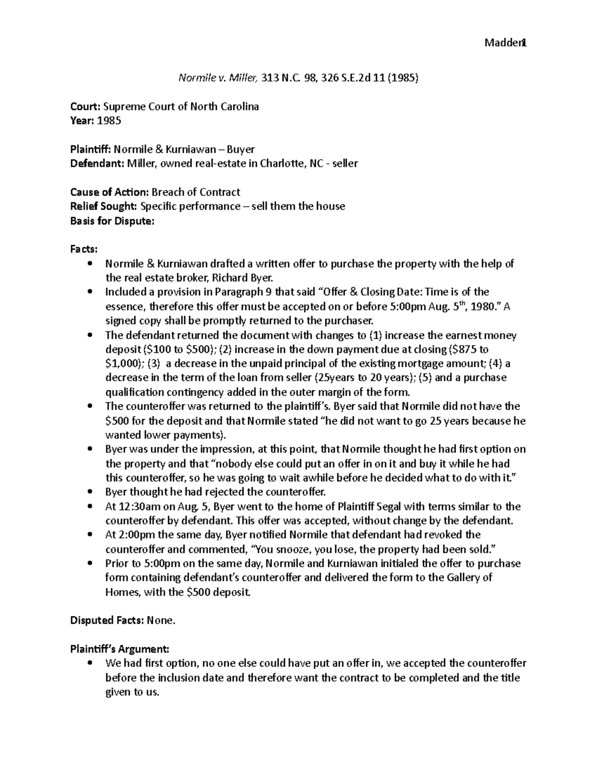 Brief Normile v. Miller Madden1 Normile v. Miller, 313 N. 98, 326 S