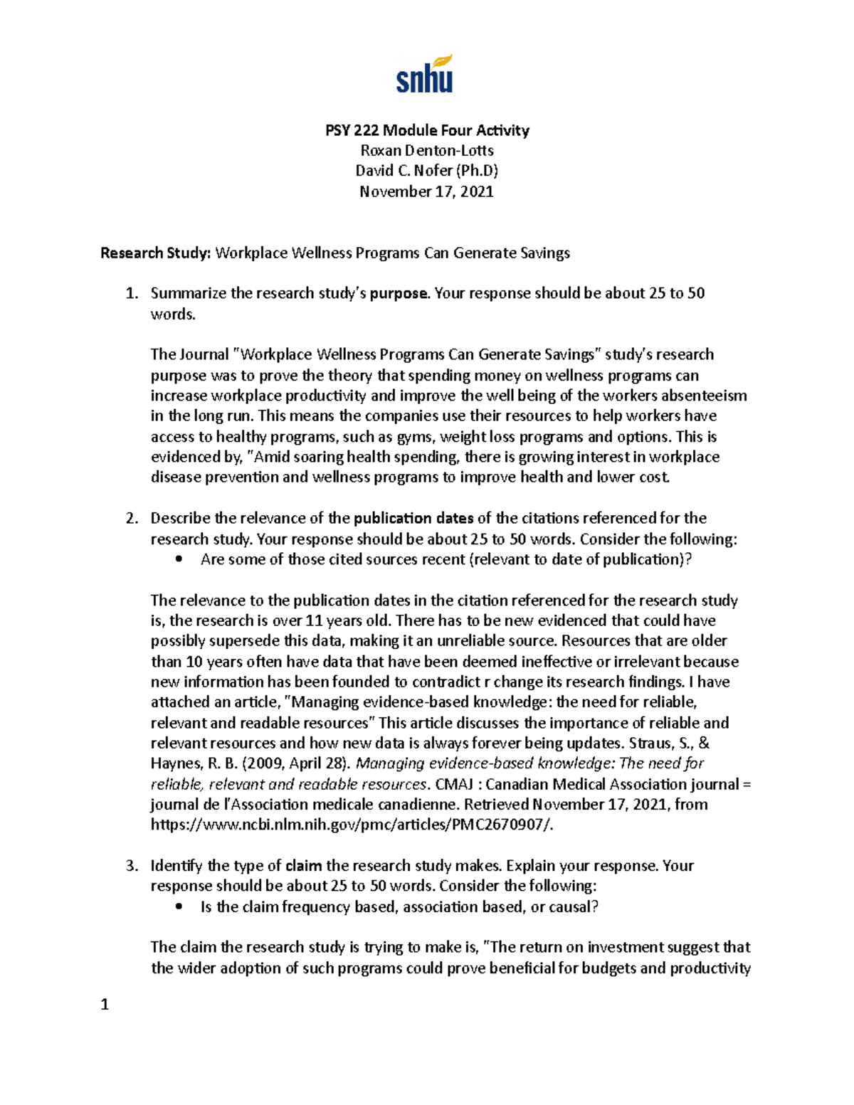 PSY222 Module Four Activity - PSY 222 Module Four Activity Roxan Denton ...