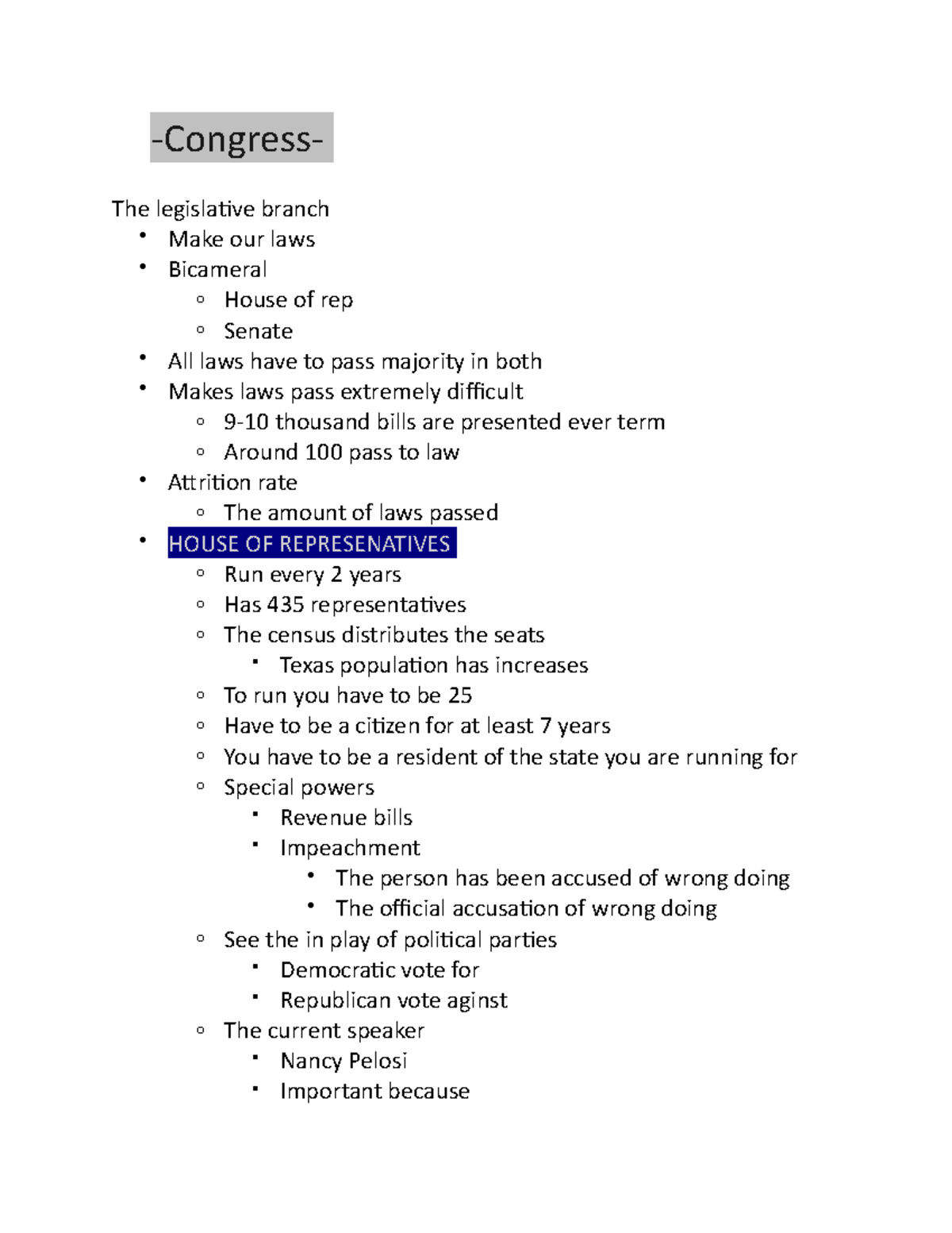 Congress - Lecture notes 19 -Congress- The legislative branch Make our ...