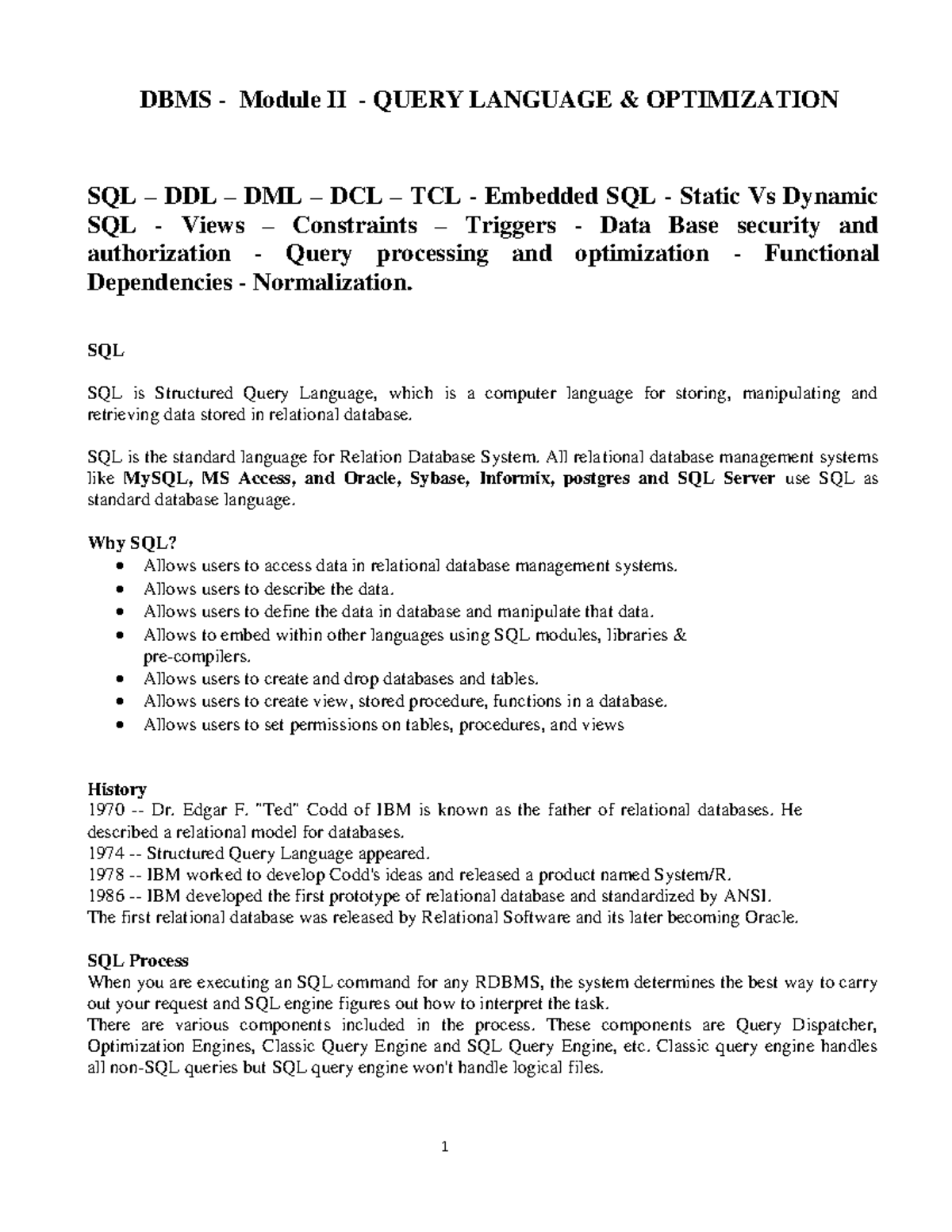 DBMS - Module 2 - SQL – DDL – DML – DCL – TCL - Embedded SQL - Static ...