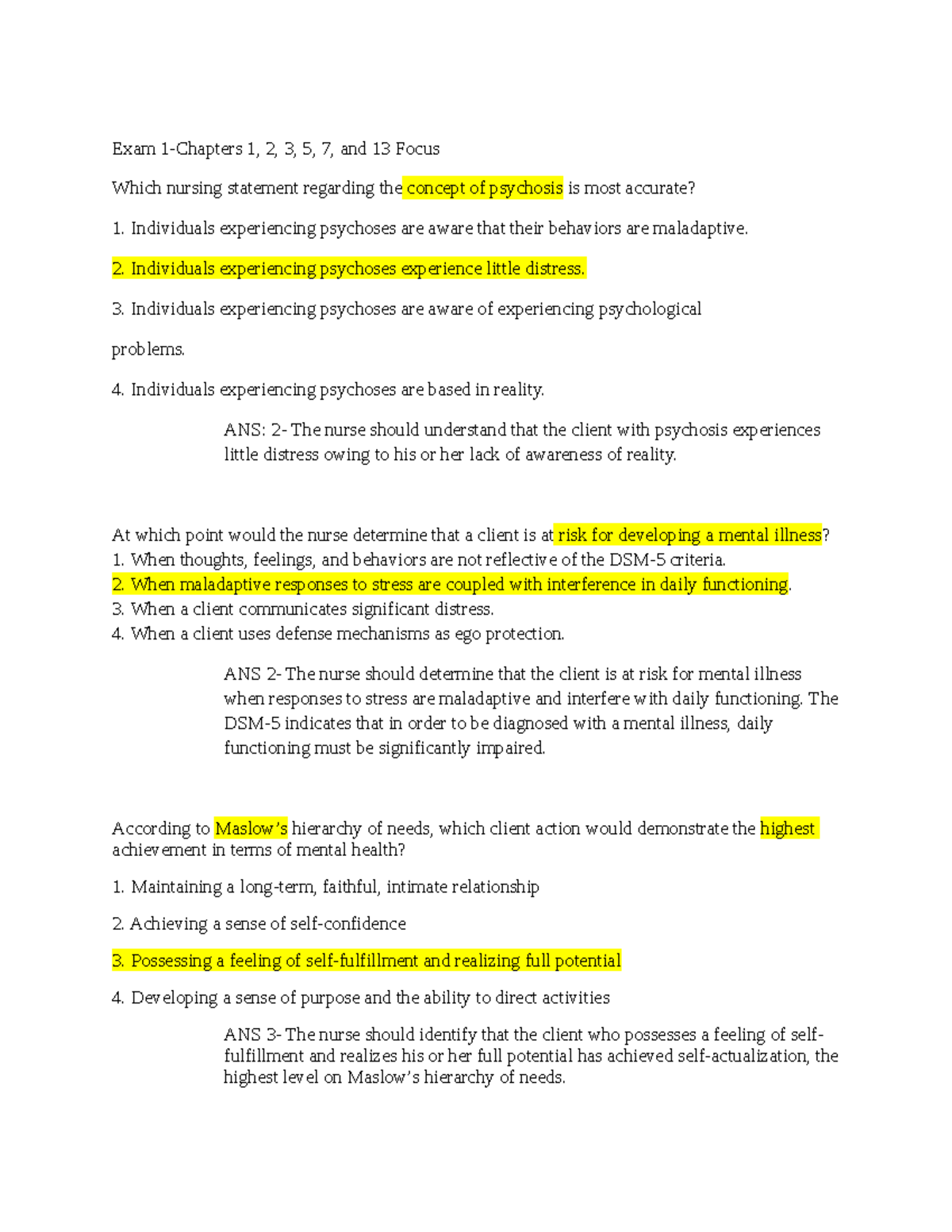 Mental Health Exam 1 - Focus guide to study for first exam. Rn - Exam 1 ...