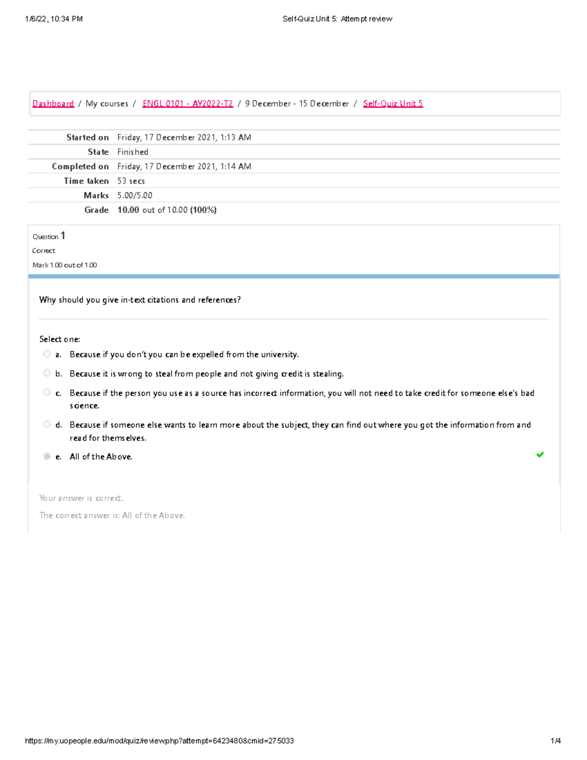 Self Quiz Unit 5 English Composition 1 English 0101 Started On Friday 17 December 2021 1 13 Self Quiz Unit 5 English Composition 1 English 0101 Started On Friday 17 December 2021 1 13