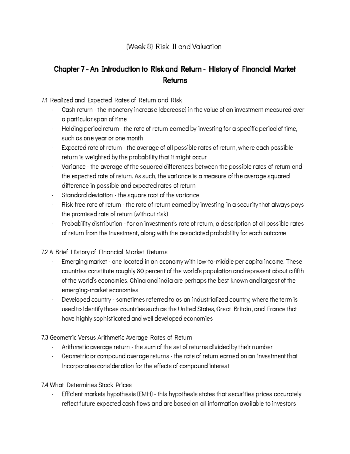 Risk II and Valuation - (Week 8) Risk II and Valuation Chapter 7 - An ...