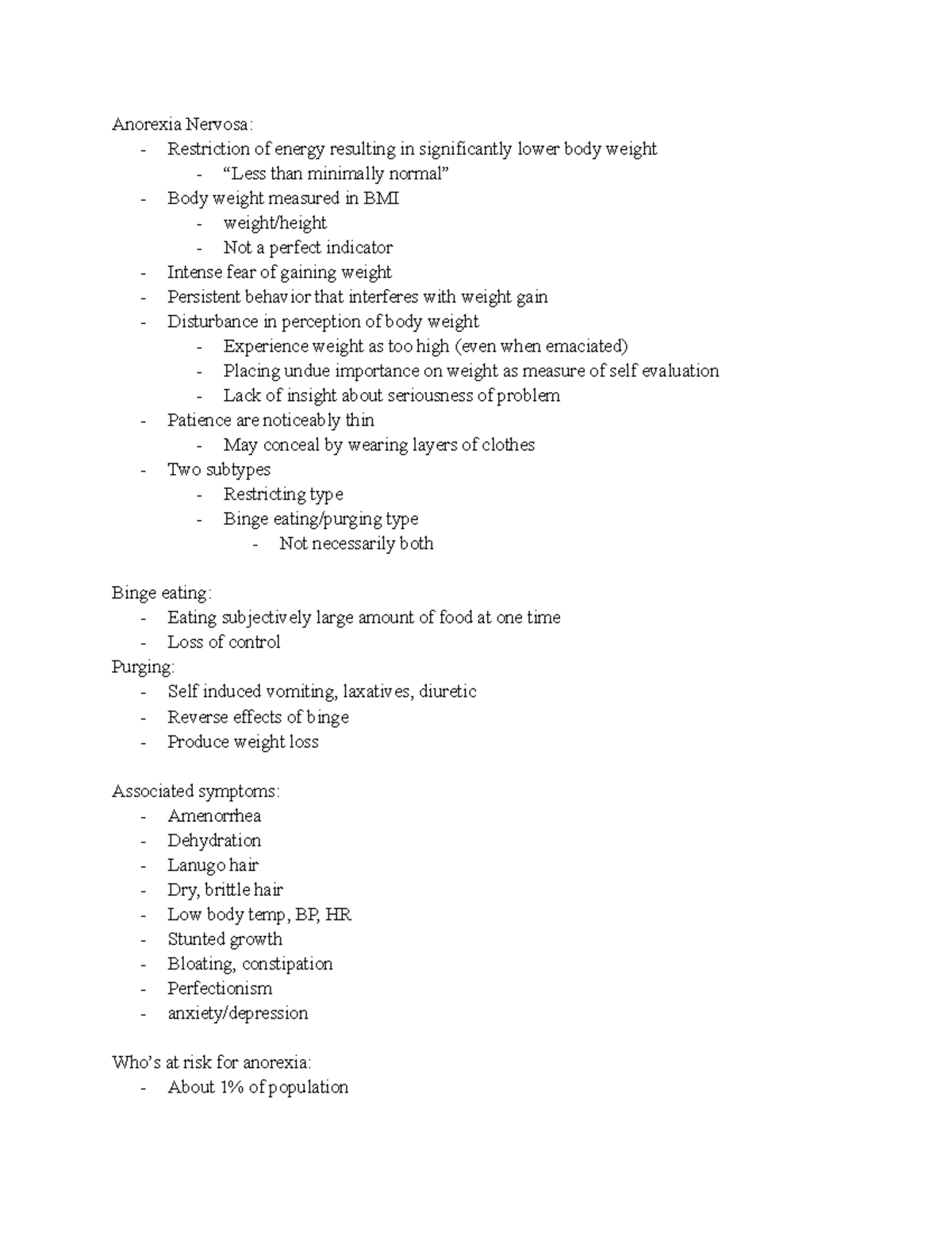 PSYC 281 Feeding and Eating Disorders - Anorexia Nervosa: - Restriction ...