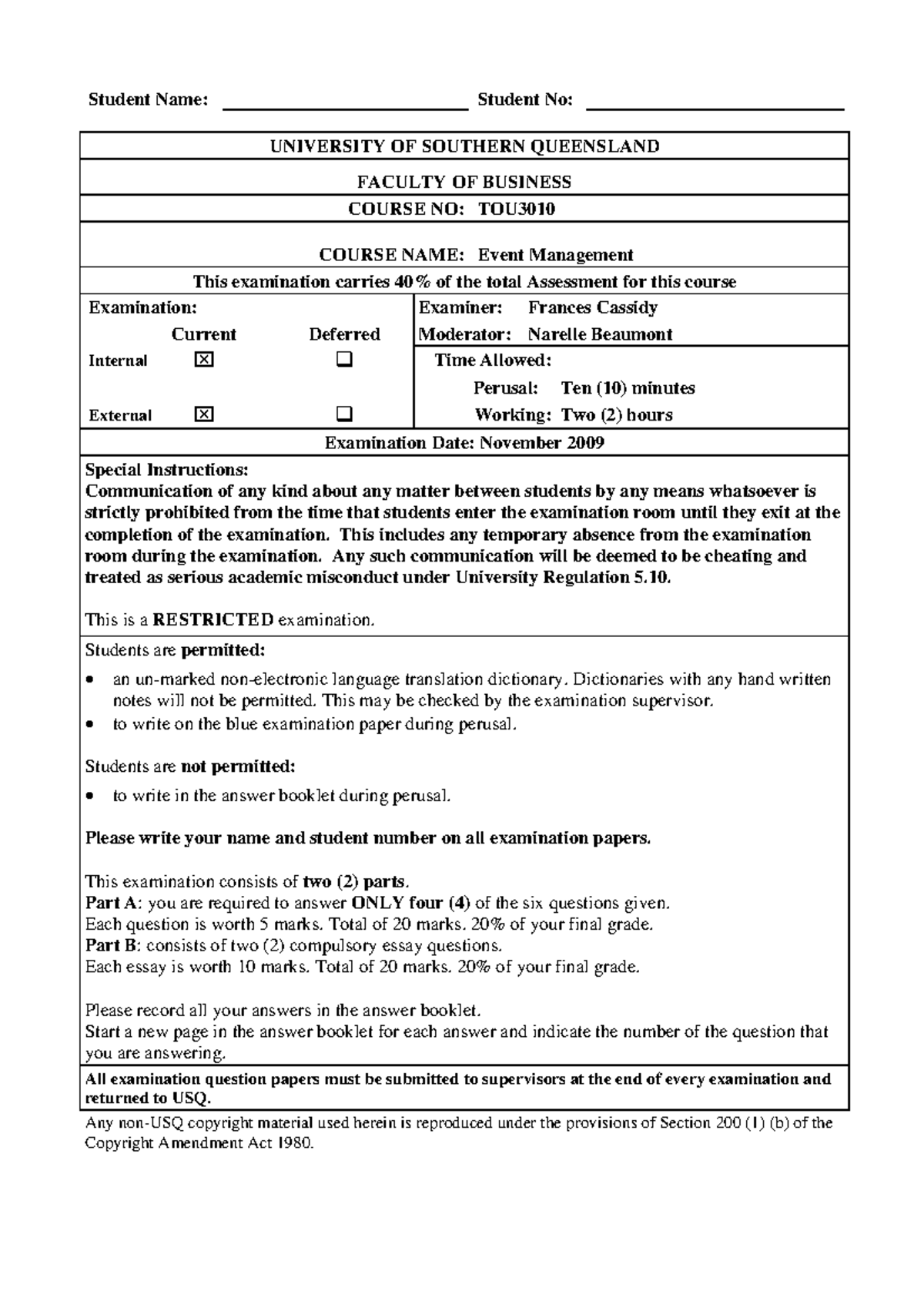 Sample/practice exam November 2009, questions - Student Name: Student ...