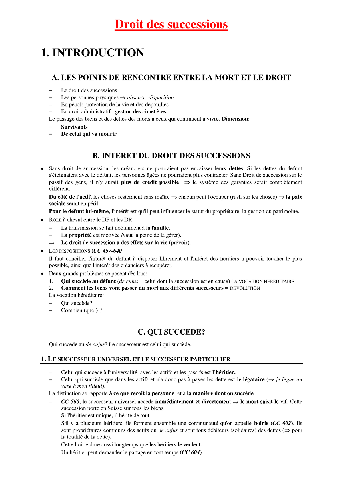 Droit Des Successions - INTRODUCTION A. LES POINTS DE RENCONTRE ENTRE ...