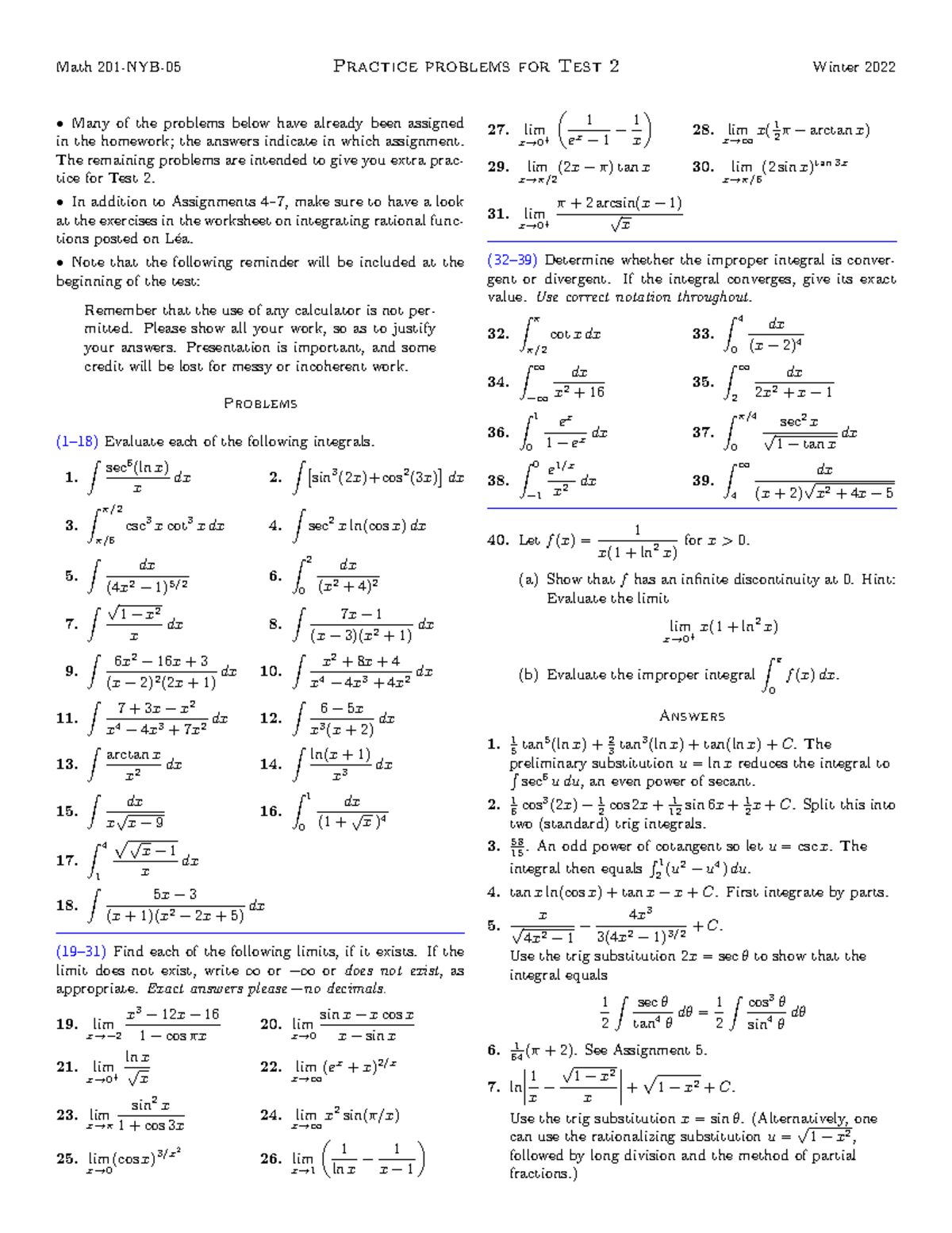 Test2practice - Practice - Math 201-NYB-05 Practice problems for Test 2 ...