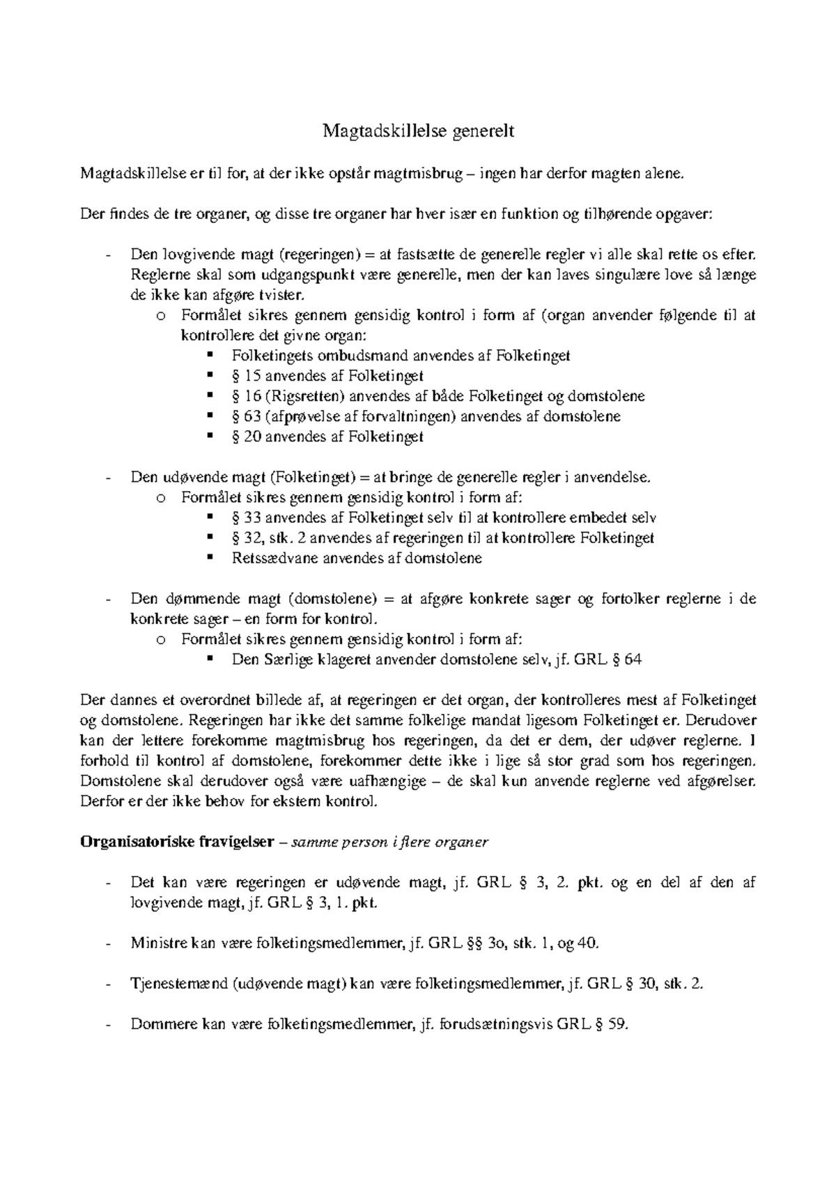 Magtadskillelse Generelt Studocu