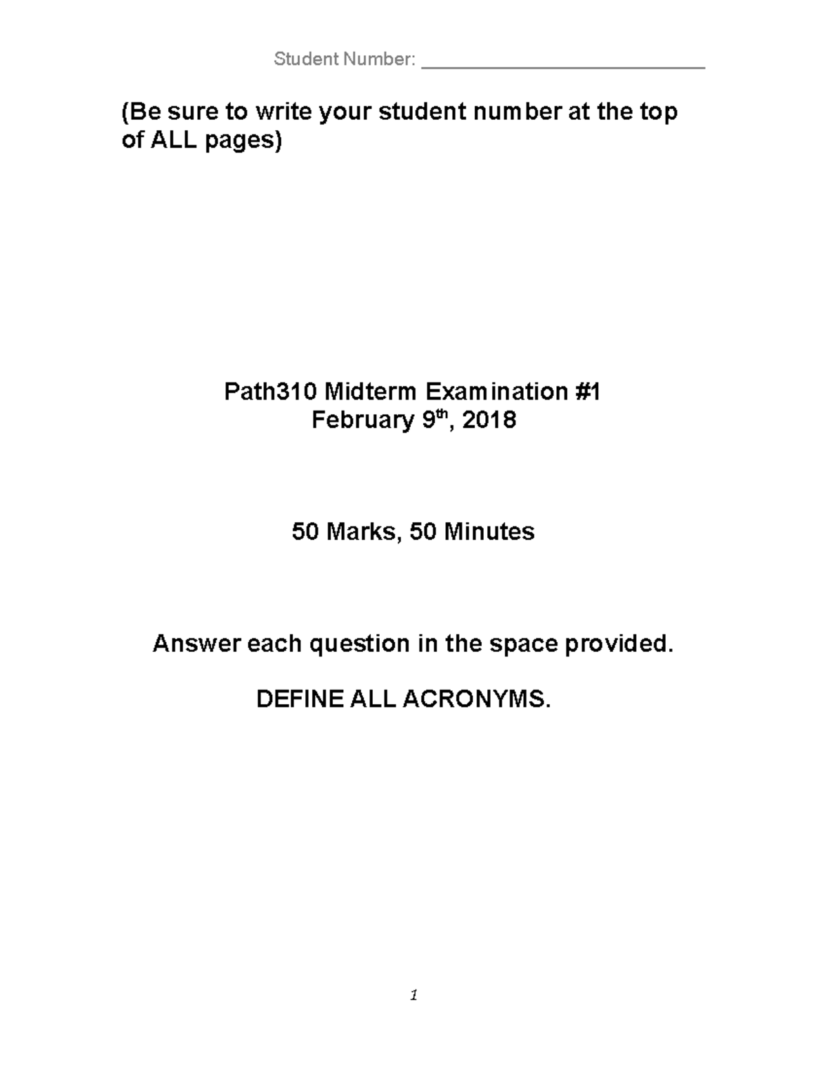 Midterm Exam 1 2018, questions and answers - Student Number