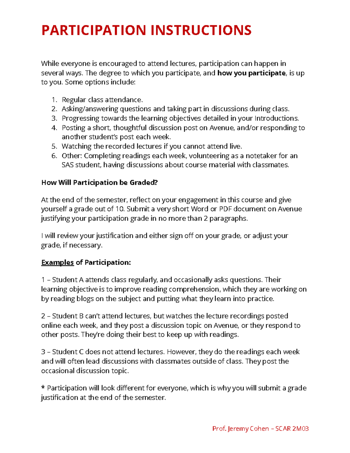 Participation Instructions - PARTICIPATION INSTRUCTIONS Prof. Jeremy ...