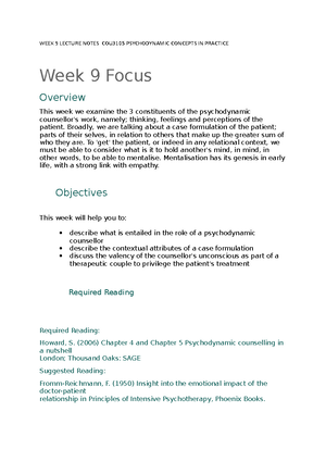 WEEK 7 Lecture Notes COU3105 Psychodynamic Concepts IN Practice - WEEK ...
