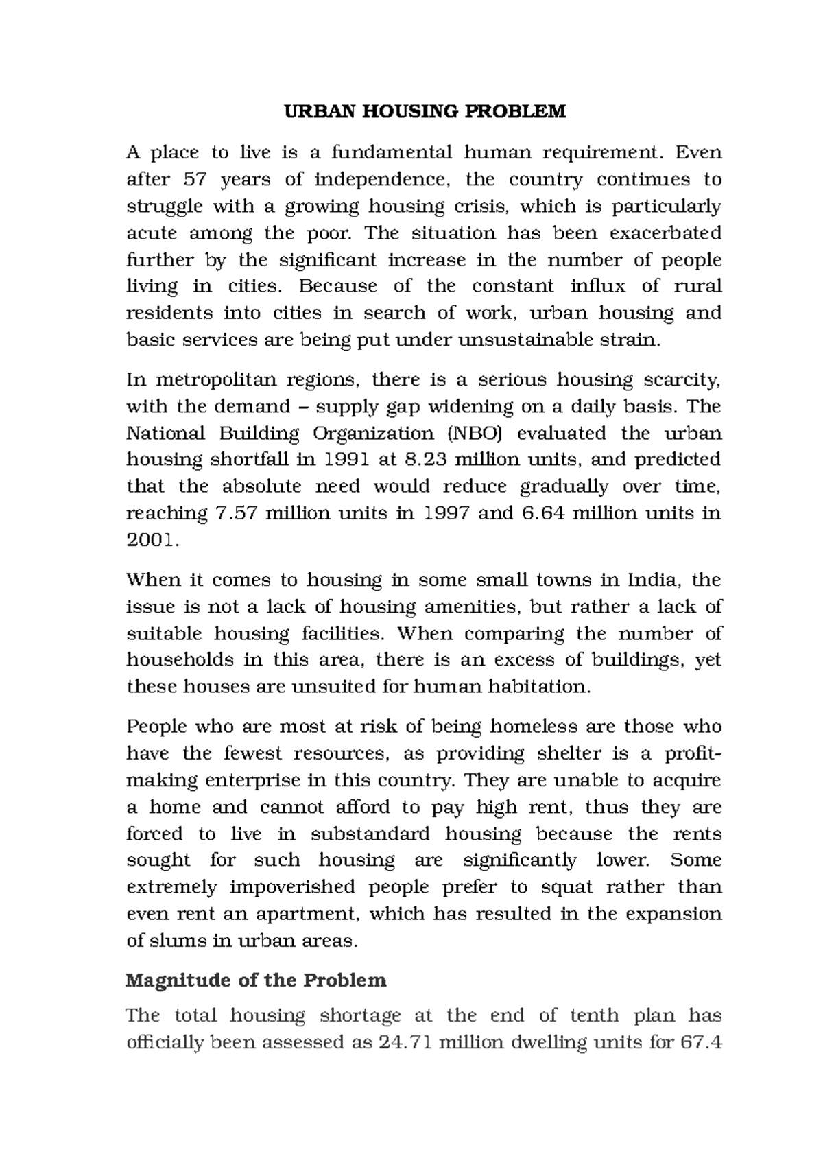 Urban Housing Problem Lecture notes 3 URBAN HOUSING PROBLEM A place