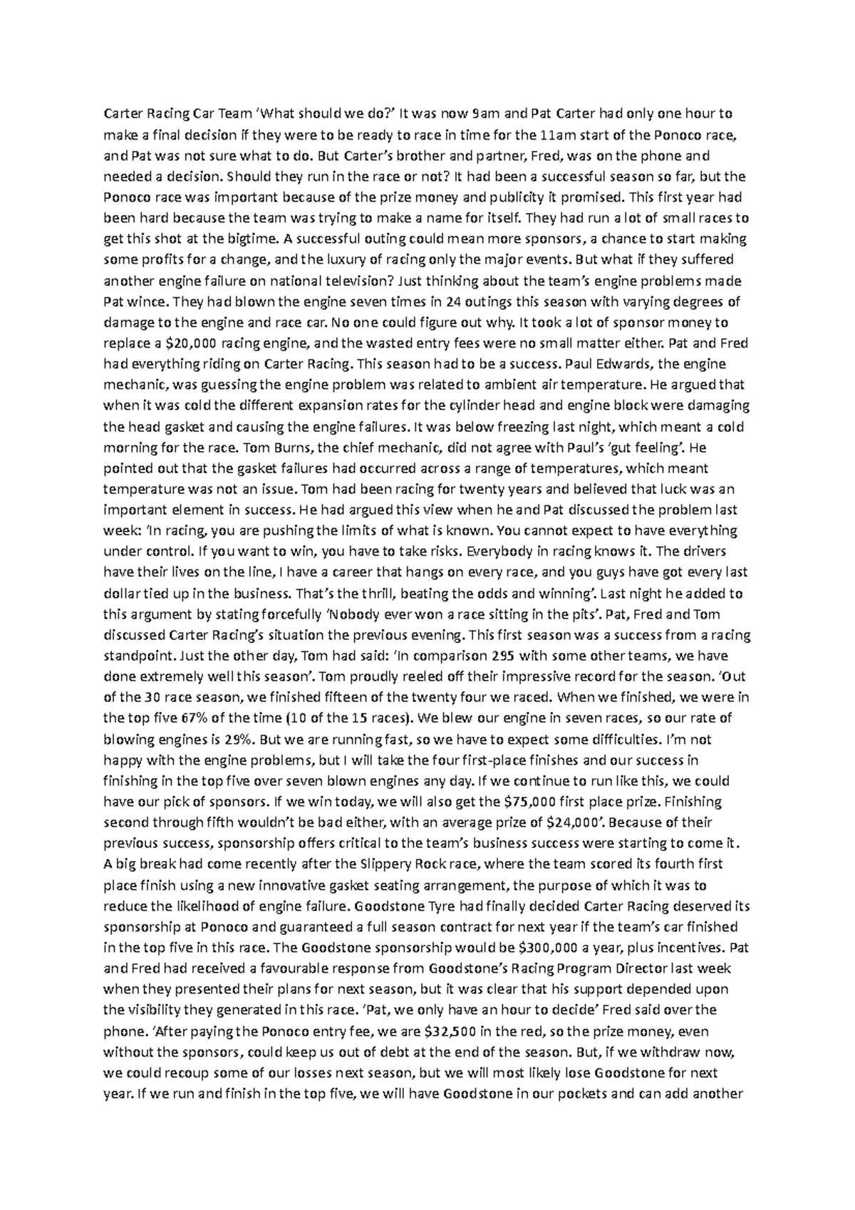 Carter Racing Assignment - Carter Racing Car Team ‘What should we do ...