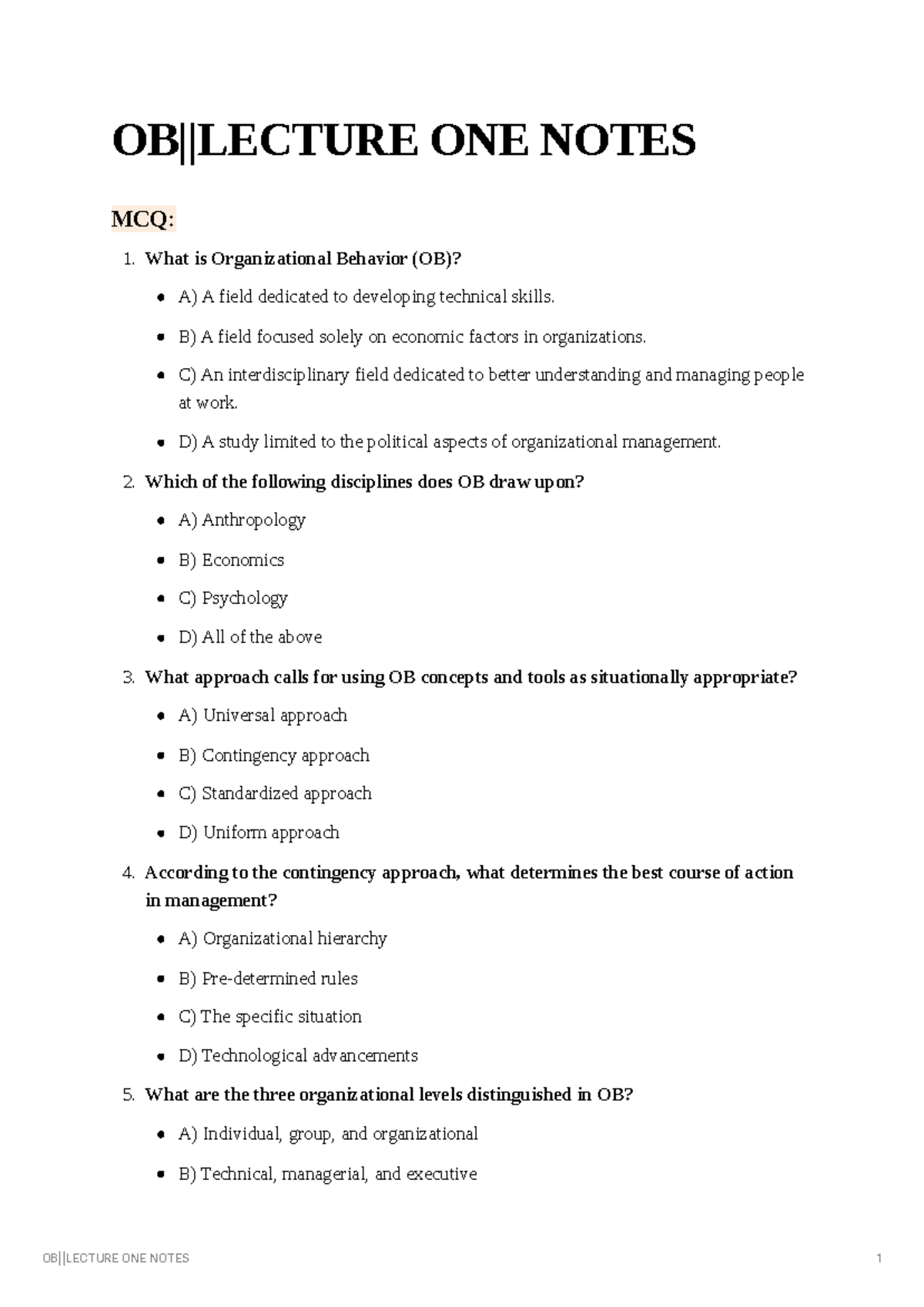 Lecture ONE Notes - xkjc - OB||LECTURE ONE NOTES MCQ: What is ...