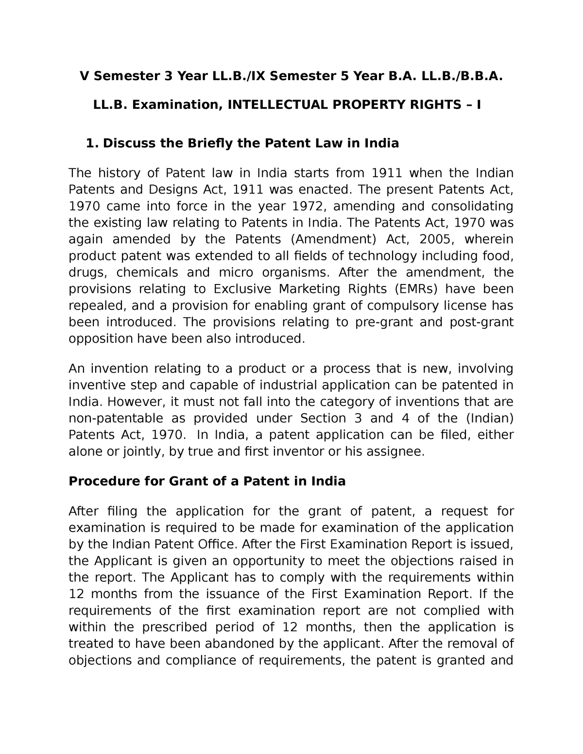 Intellectual Property Rights (2) - V Semester 3 Year LL./IX Semester 5 ...