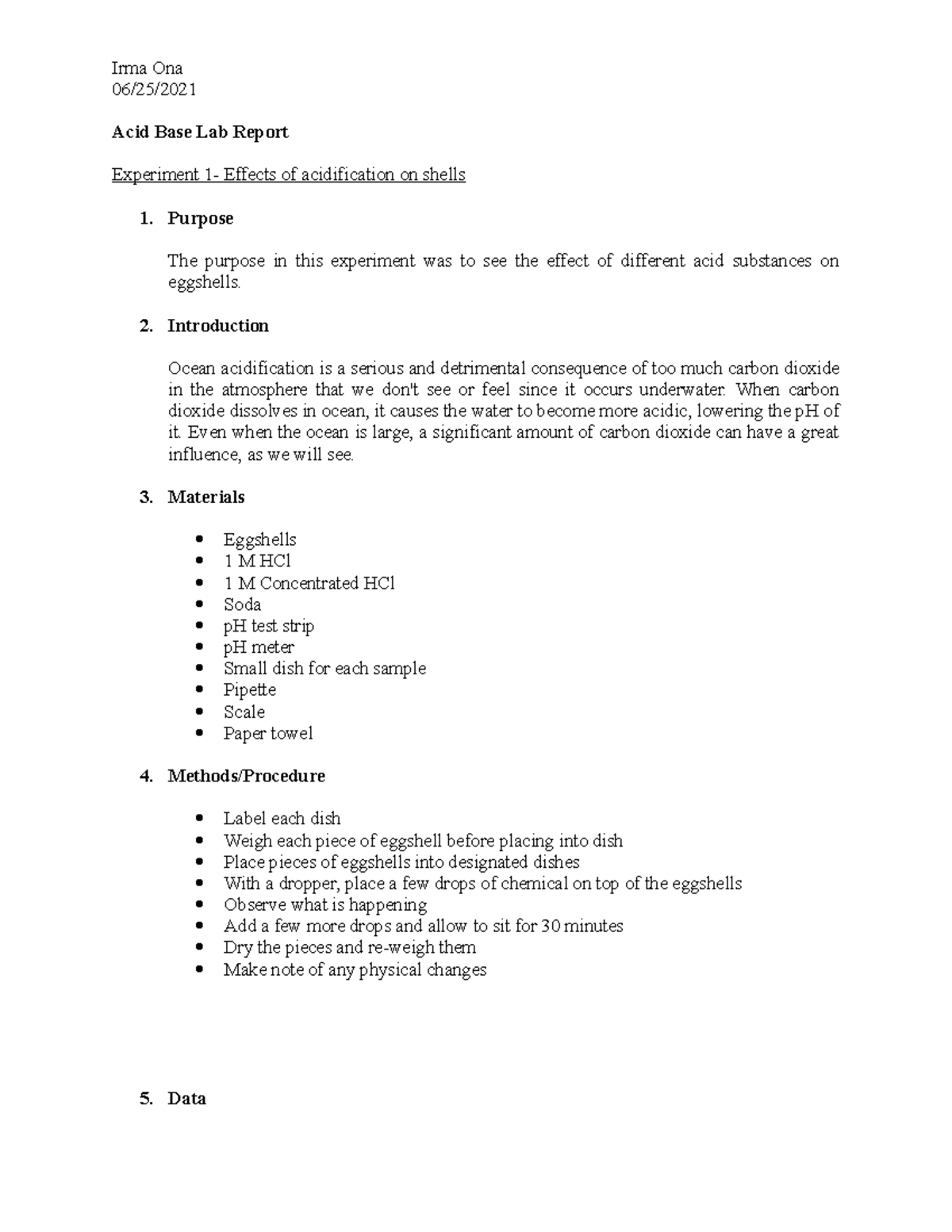 Acid Base Lab Report 06/25/ Acid Base Lab Report Experiment 1