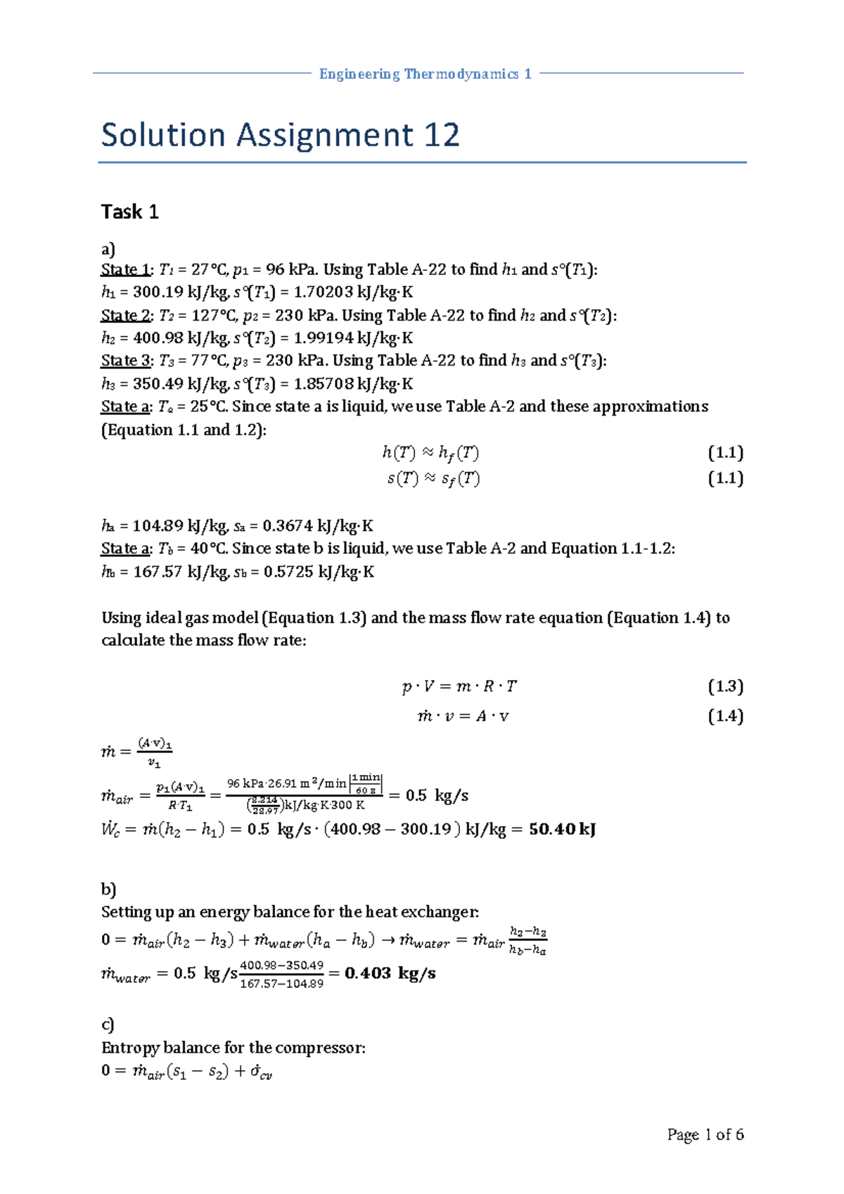 øving 12 - Solution Assignment 12 Task 1 A) State 1: T 1 = 27°C, P 1 ...