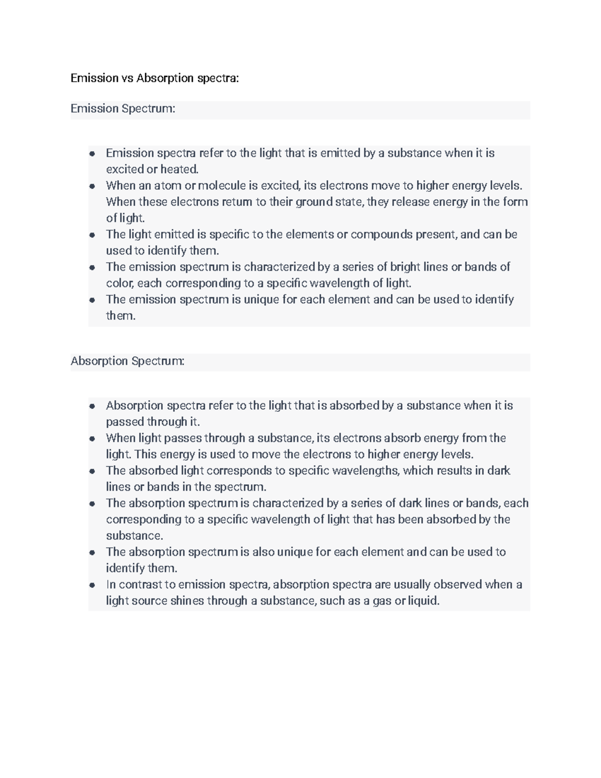 Chem notes 5 Emission and absorption spectra Emission vs Absorption spectra Emission