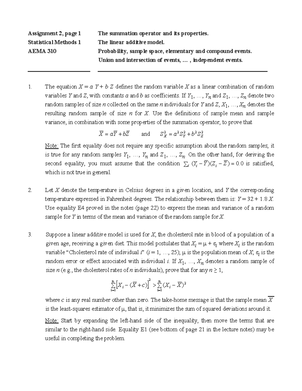 Assignment 2 - Statistical Methods 1 The linear additive model. AEMA ...