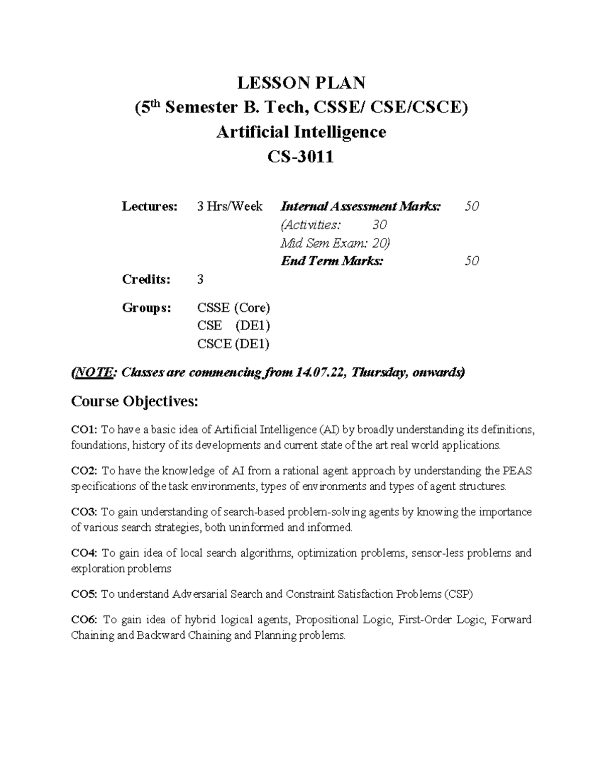 Ai lessonplan - LESSON PLAN (5th Semester B. Tech, CSSE/ CSE/CSCE ...