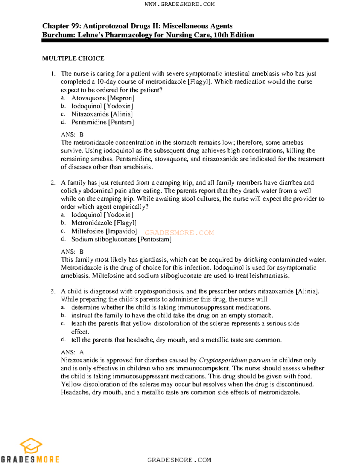 99 - Practice Questions - Gradesmore Chapter 99: Antiprotozoal Drugs Ii 