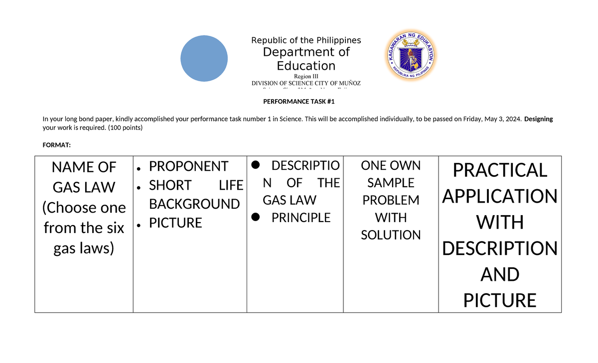 Performance task 1 in science - PERFORMANCE TASK In your long bond ...