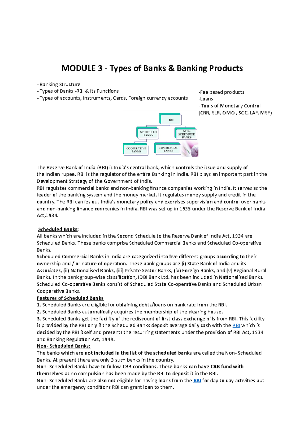 Module 3 banking notes by Shilpi Agarwal MODULE 3 Types of Banks