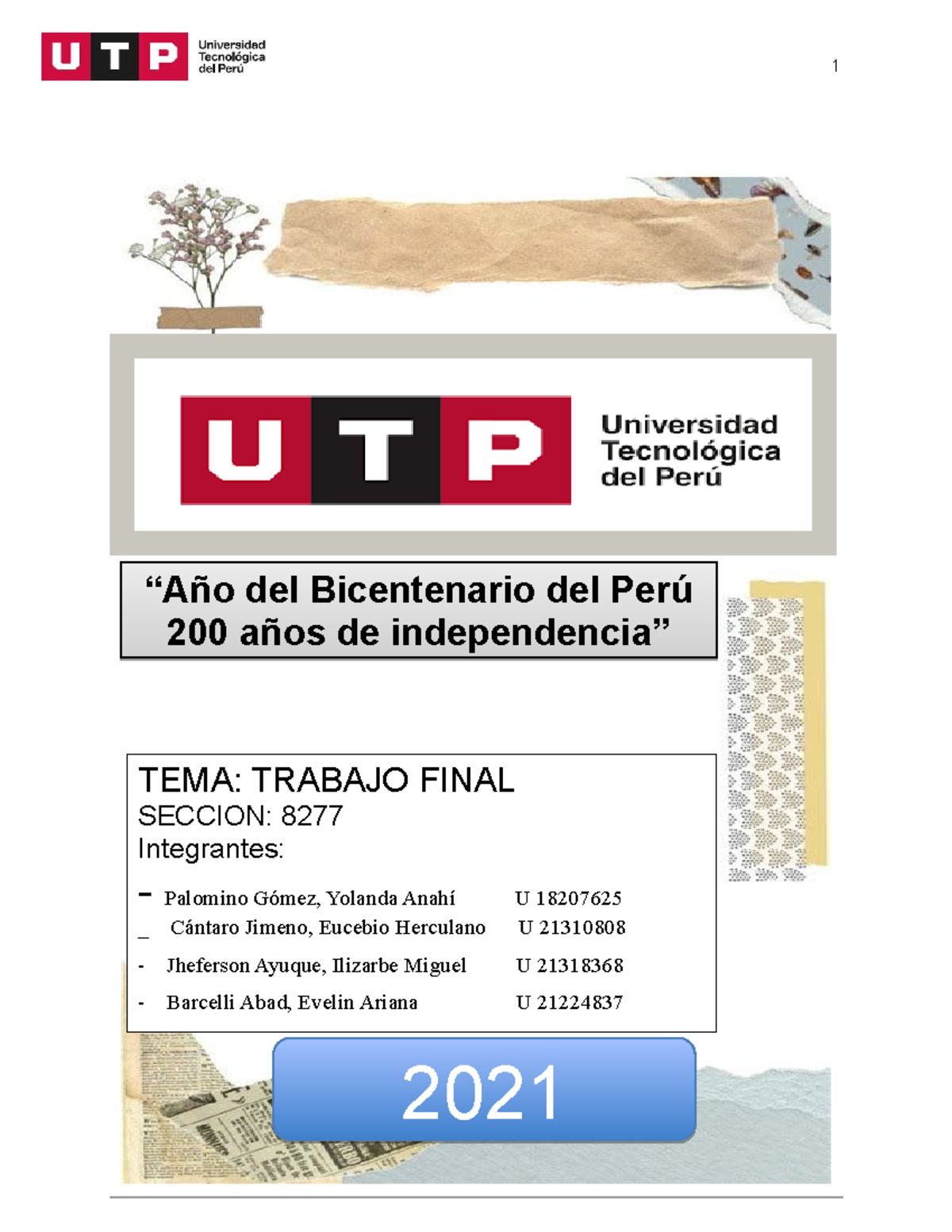 Trabajo Final (TF) - Tarea - “Año Del Bicentenario Del Perú 200 Años De ...