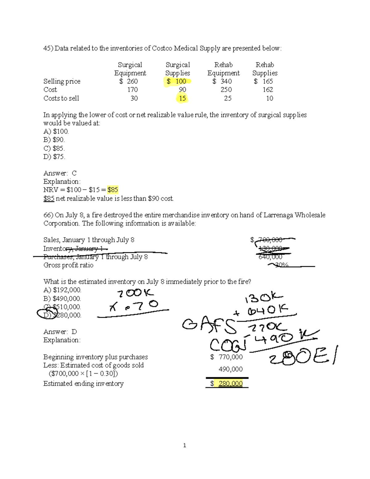 Chapter 9 Study Guide - Data related to the inventories of Costco ...