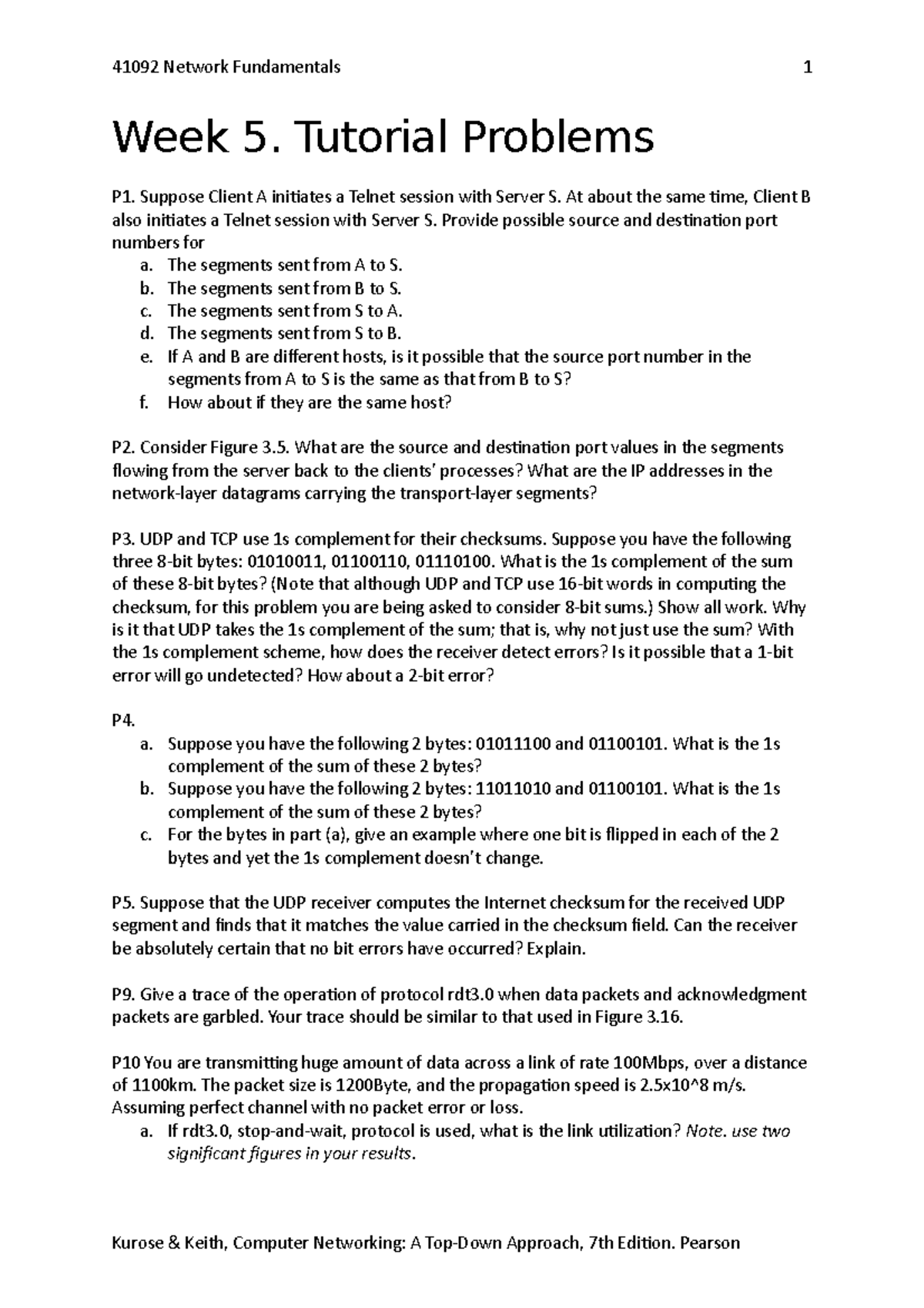 Week5-Tutorial Problem - 41092 Network Fundamentals Week 5. Tutorial ...