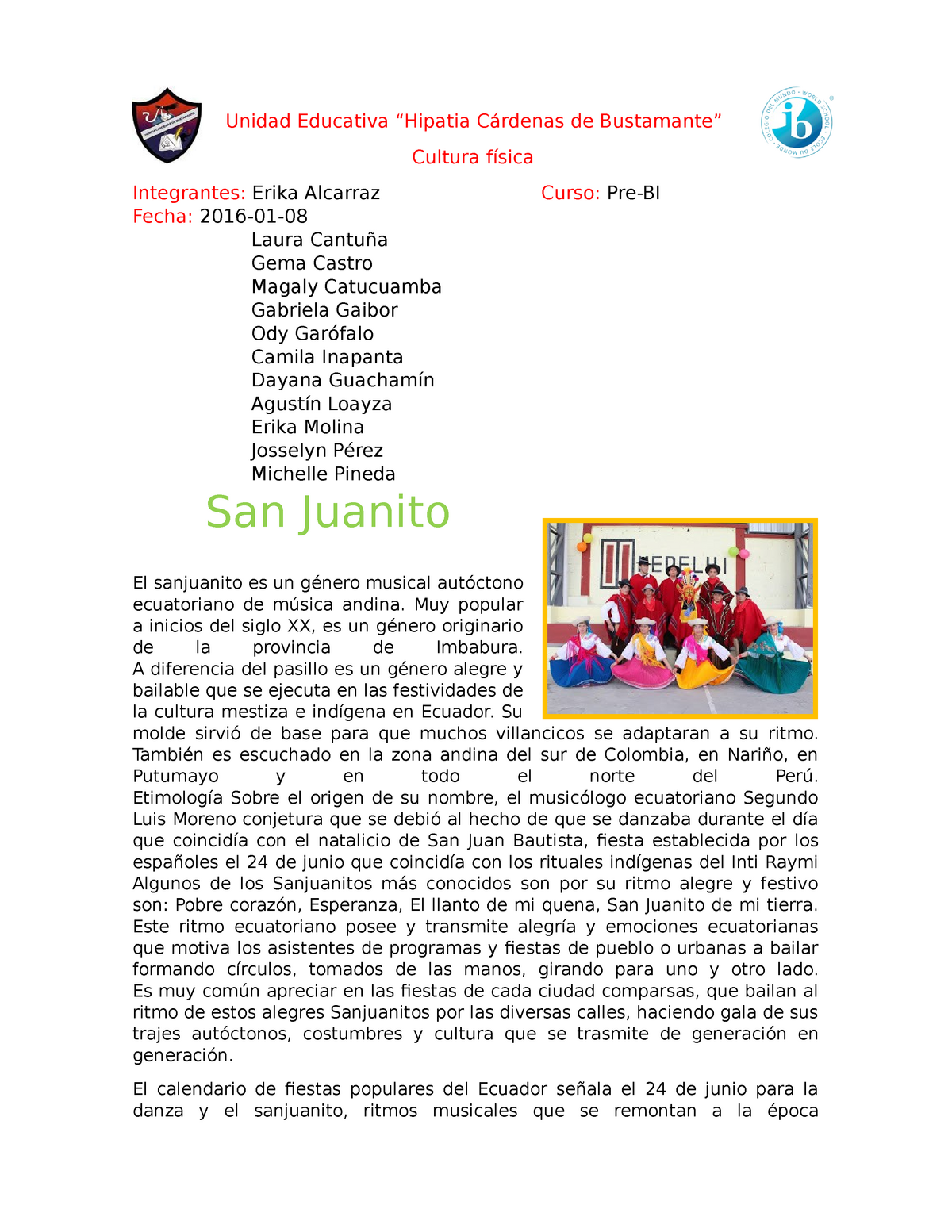 Sanjuanito - Lecture notes 1 - Unidad Educativa “Hipatia Cárdenas de  Bustamante” Cultura física - Studocu