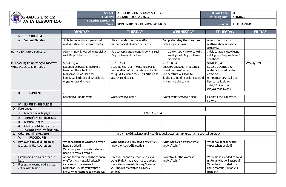 DLL Science 3 Q1 W7 - N/A - GRADES 1 to 12 DAILY LESSON LOG School ...