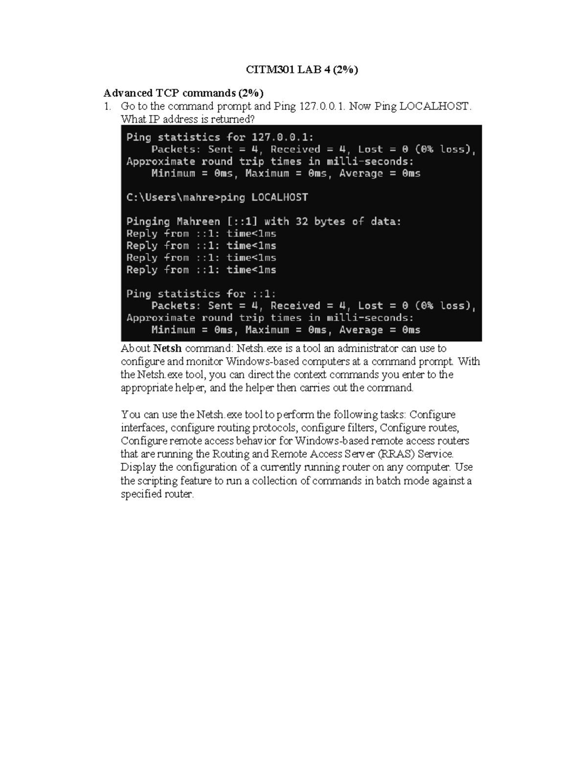 ITM301 Lab Assign 4 - lab 4 - CITM301 LAB 4 (2%) Advanced TCP commands ...