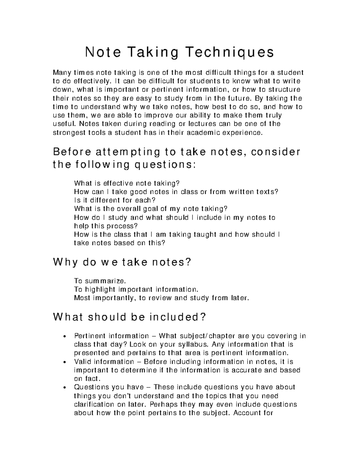 Note Taking Techniques - Note Taking Techniques Many times note taking ...