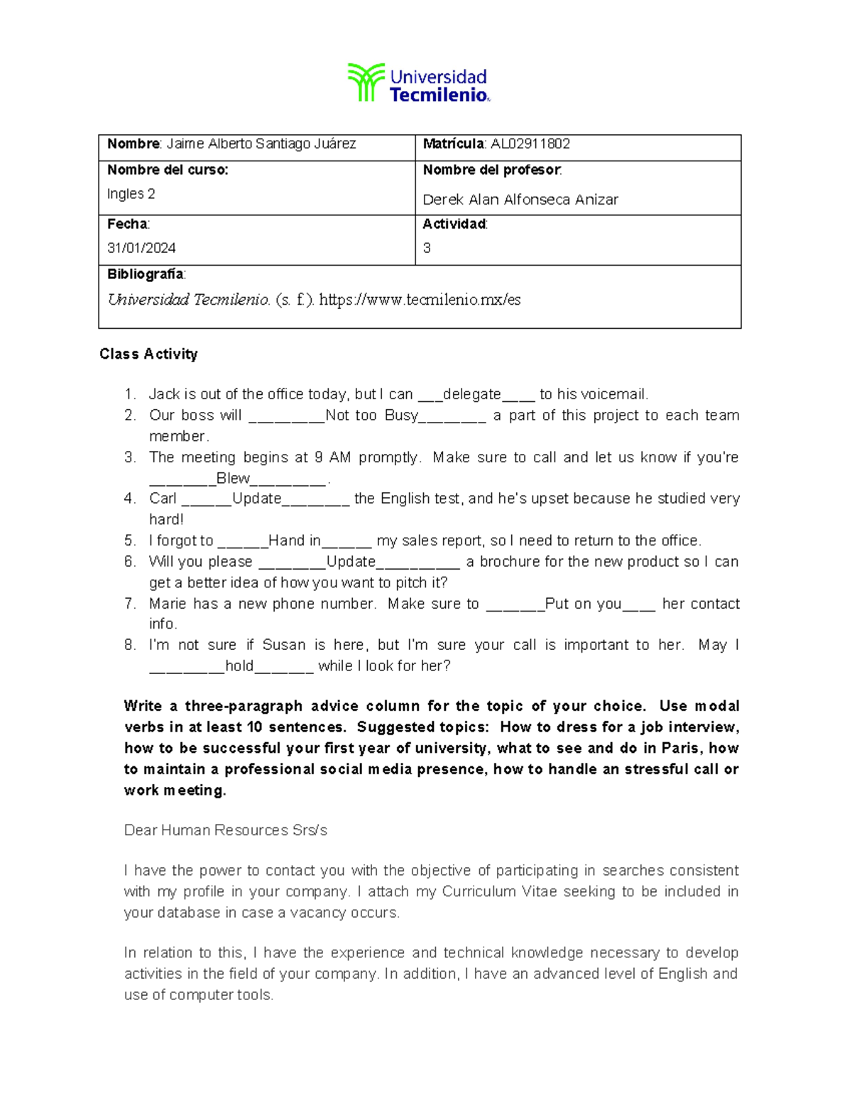 Act 3 - actividad 3 ingles semestre 8 universidad tecmilenio - Nombre ...