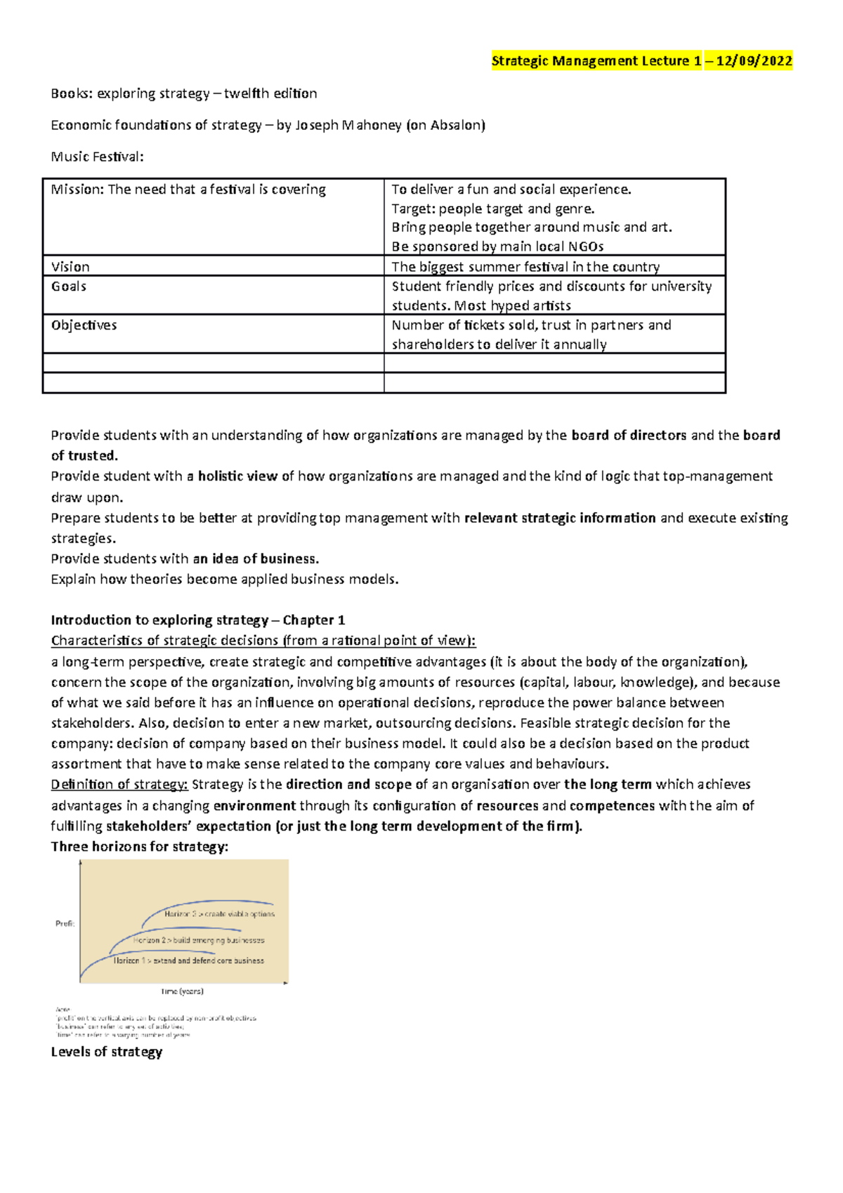 Strategic Management Notes - Strategic Management Lecture 1 – 12/09 ...